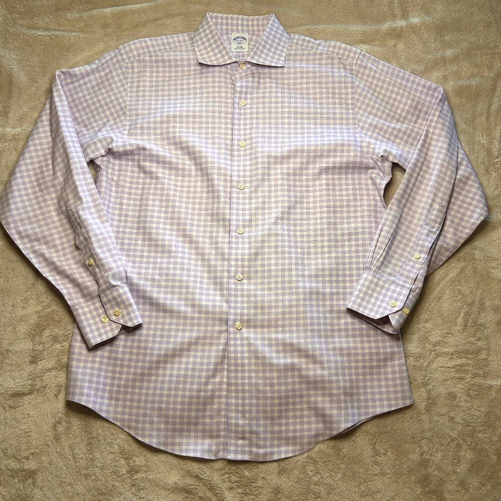 Brooks Brothers 346 Dress Shirt Mens 16 34/35 Purple Check Slim Fit Non Iron